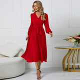 Women Date Dress Sexy V-neck Bubble Lantern Sleeve Pleated Skirt