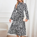 Women Date Dress Long Sleeve Dress Autumn and Winter Stand Collar Leopard Print Printed Dress Long Dress