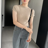 Women Knitted T-shirt round Neck Short Sleeve T-shirt Slim Fit Sweater
