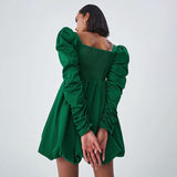 Women Dress Green Satin Waist Princess Dress Women Elegant Puff Sleeve Dress