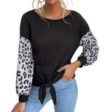 Women Knitted Sweater Crew Neck Long Sleeve Stitching Leopard Print Black Sweater