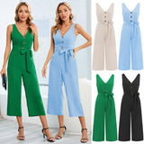 Women Date Dress Summer Sleeveless V-neck Slim Fit Tied Jumpsuit Straight-Leg Pants