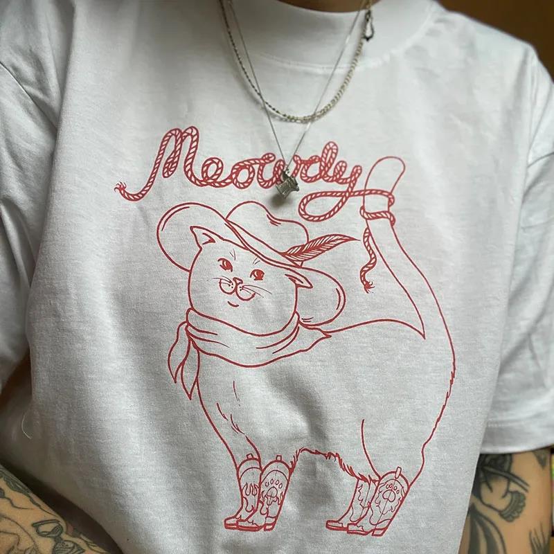 Meowdy Cat Graphic Top Cotton Short Sleeve T-shirt Summer