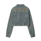 Women Jacket Color Diamond Inlaid Short Denim Jacket Lapel Embroidery Long Sleeve Jacket