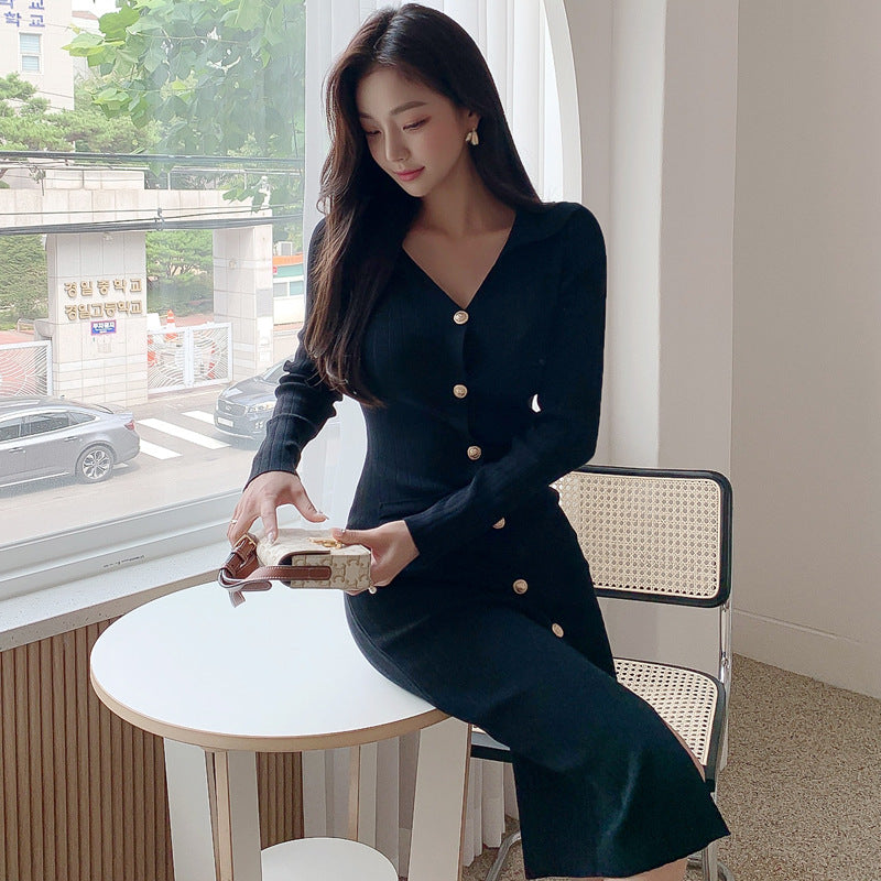 Women Maxi Dress Fall/Winter Slim Mid-Length Knitted Single-Breasted Sweater Dress