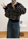 Women Knitted Pullover Vintage Stripe Lapel Knitwear Fall/Winter Loose Sweater Coat