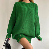 Ladies Leisure Knitwear Loose Solid Color Ripped Sweater round Neck Pullover Long Sleeve Sweater