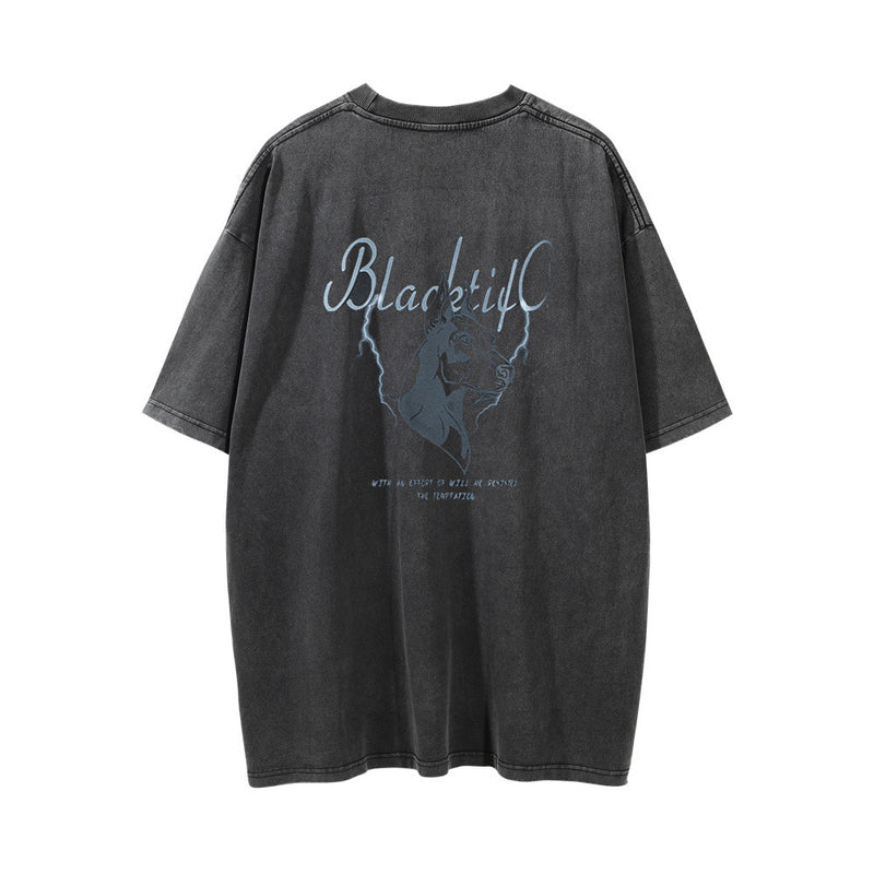 Men Vintage T-Shirt Printed Washed and Worn Short-Sleeved T-shirt Men's Loose round Neck