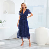 Women Date Dress Slim Fit Embroidered Leaves Sequin Gauze Dress Skirt