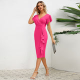 Women Date Dress round Neck Pleated Lace Dress