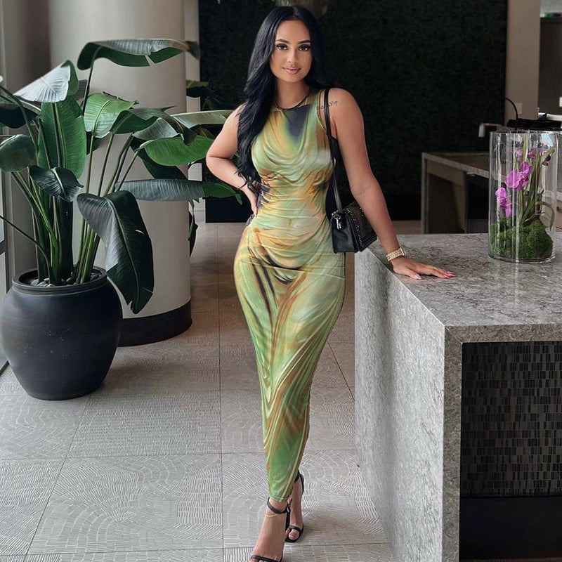 Women Dresses Summer Printed Slim Sleeveless Dress