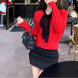 Women Knitwear Autumn and Winter Bow Twist O-neck Short Sweaters Cardigan