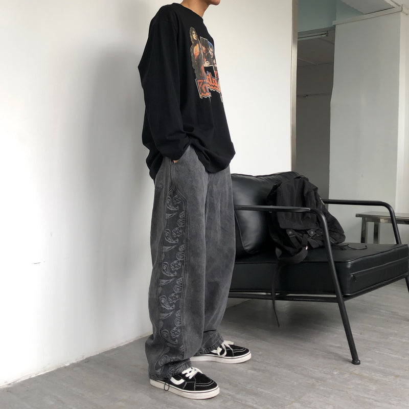 Men Jeans Washed Denim Trousers Elastic Waist Baggy Straight Trousers