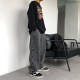 Men Jeans Washed Denim Trousers Elastic Waist Baggy Straight Trousers