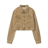 Women Jacket Color Diamond Inlaid Short Denim Jacket Lapel Embroidery Long Sleeve Jacket