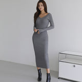 Women Maxi Dress Sexy V-neck Long Sleeve Knitted Dress