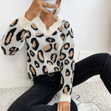 Women Knitted Sweater Autumn and Winter Knitting Long Sleeve Leopard-Print Sweater