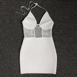 Women Evening Dress Sexy V-neck Hollow Mesh Slim-Fit Hip-Wrapped Short Dress Bandage Gown