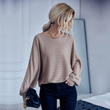 Women Knitted Sweater Autumn Crew Neck Mid-Length Loose Solid Color Batwing Sleeve Sweater