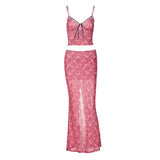 Women Co-Ord Set Lace V-neck Crop-Top Spaghetti-Strap Top Long Skirt Suit