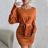 Women Dress Winter Long Sleeve round Neck Hollow Sheath Skirt