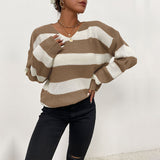 Women Knitted Sweater Autumn and Winter Leisure Top Thin Long Sleeve Striped Sweater