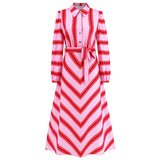 Women Date Dress Autumn and Winter Striped Printed Buttons Cinched Blouse Dress