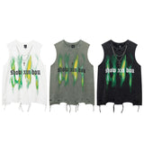 Men Vest Letter Graffiti Washed Make Old Ripped Sleeveless T-shirt