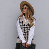 Women Knitted Sweater Autumn Houndstooth Sweater Vest