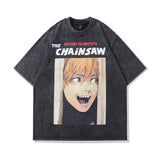 Men T Shirt Cartoon Distressed Short Sleeve T-shirt Vintage Washed Oversize Half Sleeve T-shirt