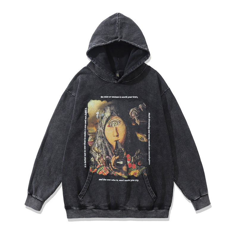 Men Hoodie Vintage Oil Painting Print Distressed Hooded Sweater
