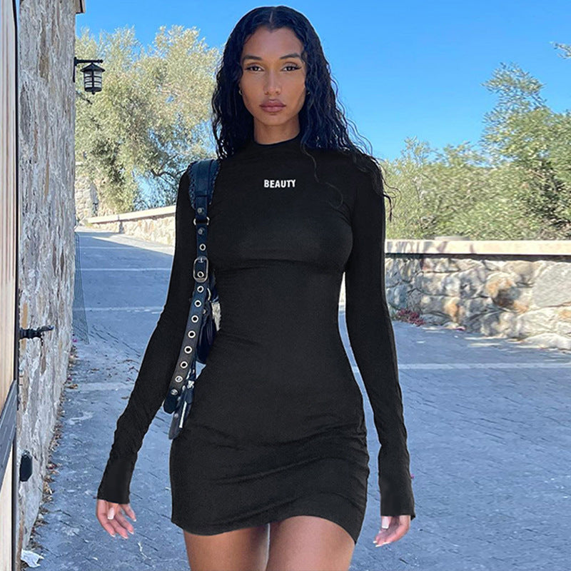 Women Dresses Autumn and Winter Printing Slim Fit Sheath Long Sleeve Dress