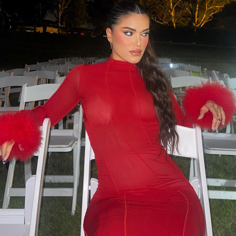 Women Dresses Sexy Backless Long Section with a Stand Collar Slim Long Sleeve Dress