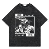 Washed retro T-shirt, chainsaw man cartoon print casual short sleeves