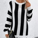 Women Knitted Sweater Spring Loose Sweater Striped Hollow out Long Sleeve Sweater Jacket