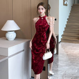 Women Maxi Dress Autumn Winter Retro Sexy Formal Dress Velvet Cheongsam Dress