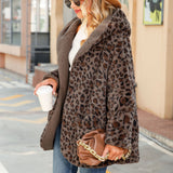 Women Trench Coat Autumn and Winter Hooded Long Sleeve Loose Pockets Mid-Length Cardigan Fluffy Leopard Coat