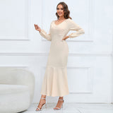 Women Date Dress V-neck Fishtail Skirt Elegant High Waist Evening Long Dress