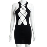 Women Dresses Summer Casual off-the-Shoulder Hollow-out Lace-up Short Dress (Bla0420)