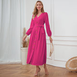 Women Date Dress Single-Breasted Cardigan Skirt V-neck Bubble Long Sleeve Dress