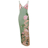Women Dresses V-neck Brace Printed Sexy Slim Fit Long Dress Summer Backless Dress