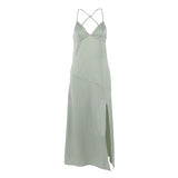 Women Dress Sexy Green Satin V-neck Strap Dress