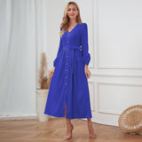 Women Date Dress Single-Breasted Cardigan Skirt V-neck Bubble Long Sleeve Dress