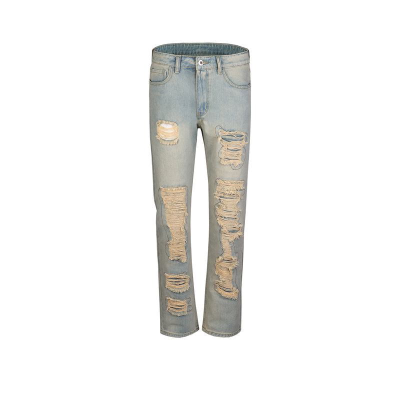 MIJKO Men's Vintage Pants MIJKO Ripped Washed Men's and Women's Straight Old Slim-Fit Jeans