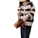 Women Knitwear Autumn and Winter Striped round Neck Sweaters Cardigan