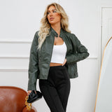 Red Leather Jacket Casual Leather Clothing Women's Stand Collar Zipper Slim Fit Motorcycle Clothing