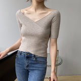 Women Knitted T-shirt V-neck Short-Sleeved Sweater Slim T-shirt