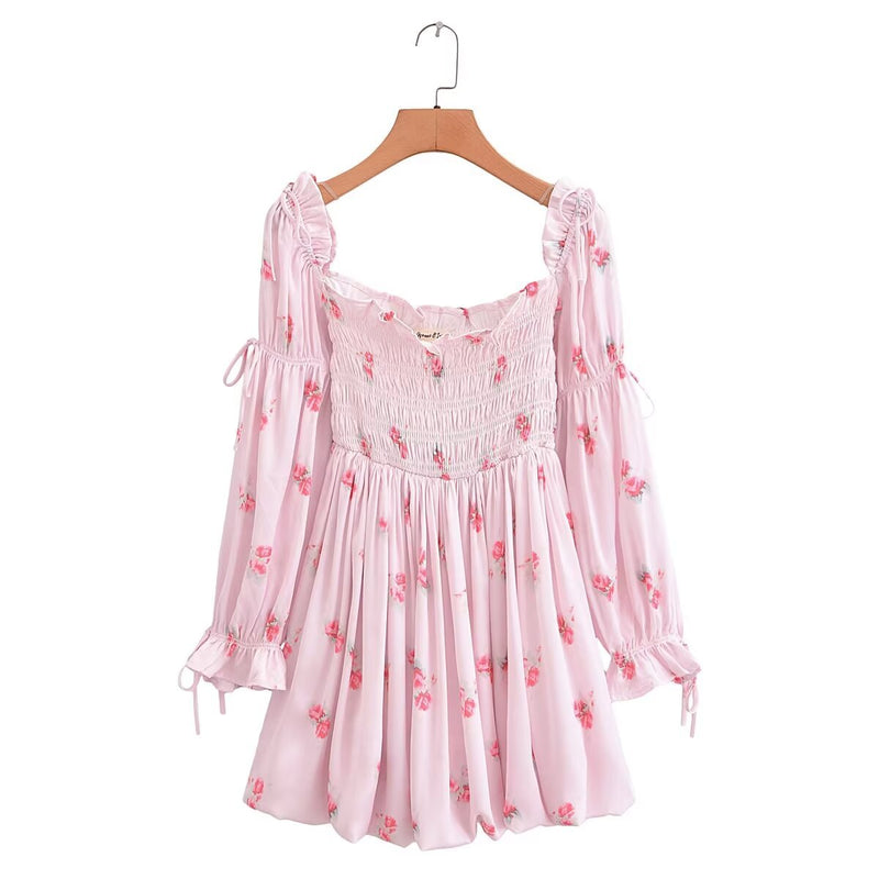 Women Dresses Summer Vacation Peony Printed Puff Sleeve Bow Dress (Xds0414)