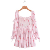 Women Dresses Summer Vacation Peony Printed Puff Sleeve Bow Dress (Xds0414)