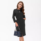 Women Dress Black Knitted Dress Autumn and Winter round Neck Long Sleeve Skirt